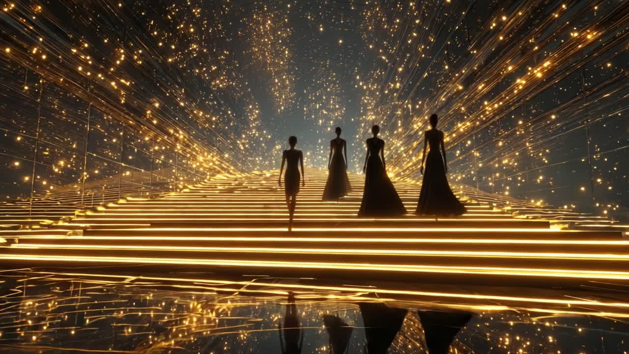 Stunning Fashion Display: Models in Elegant Dresses Progressing Through a Dazzling Lightfilled Staircase, Creating an Enchanting and Ethereal Atmosphere of Glamour and Style