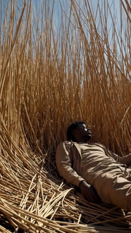 man resting amidst tall straw-like strands