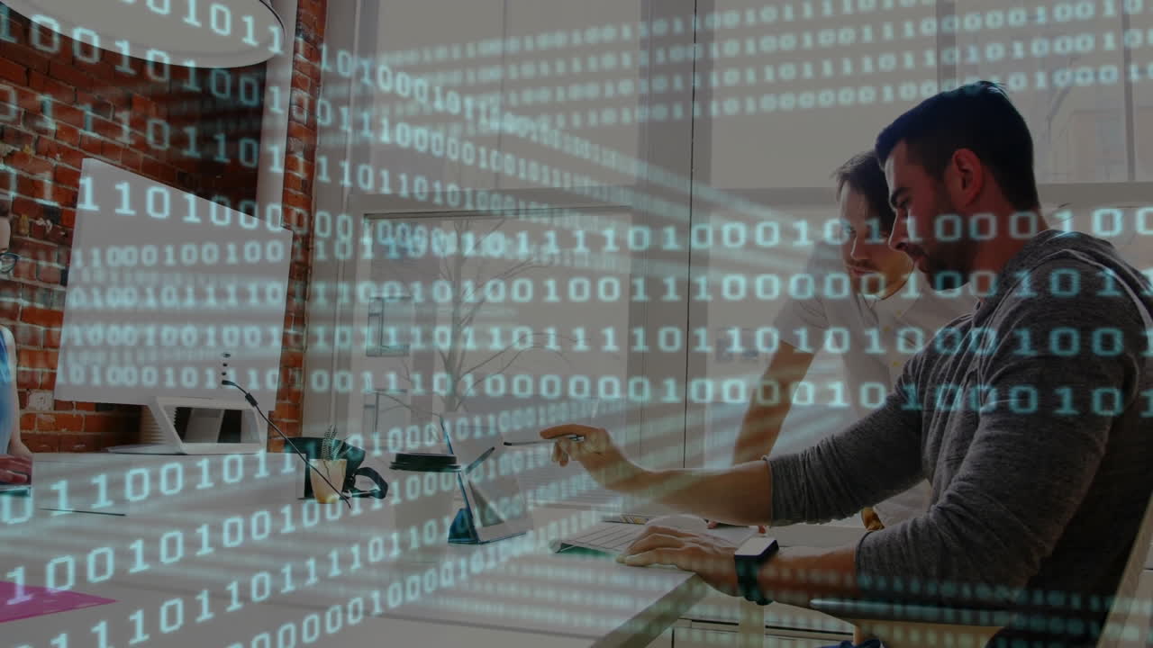 Software development team collaborating in startup office, with binary digits floating over desk