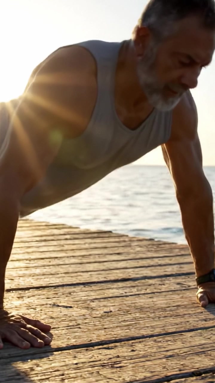 A Motivated Individual Engaging in Push-Ups on a Sunrise Dock, Showcasing Strength and Determination while Embracing a Healthy Lifestyle by the Water