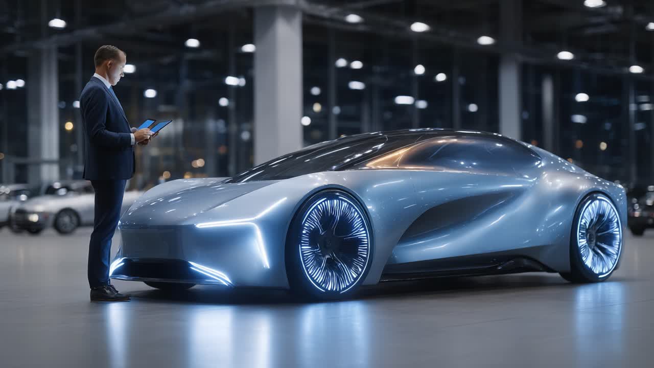 Futuristic Electric Car Design Showcased by a Businessman in a Modern Automotive Showroom, Highlighting Innovative Features and Sleek Aesthetics