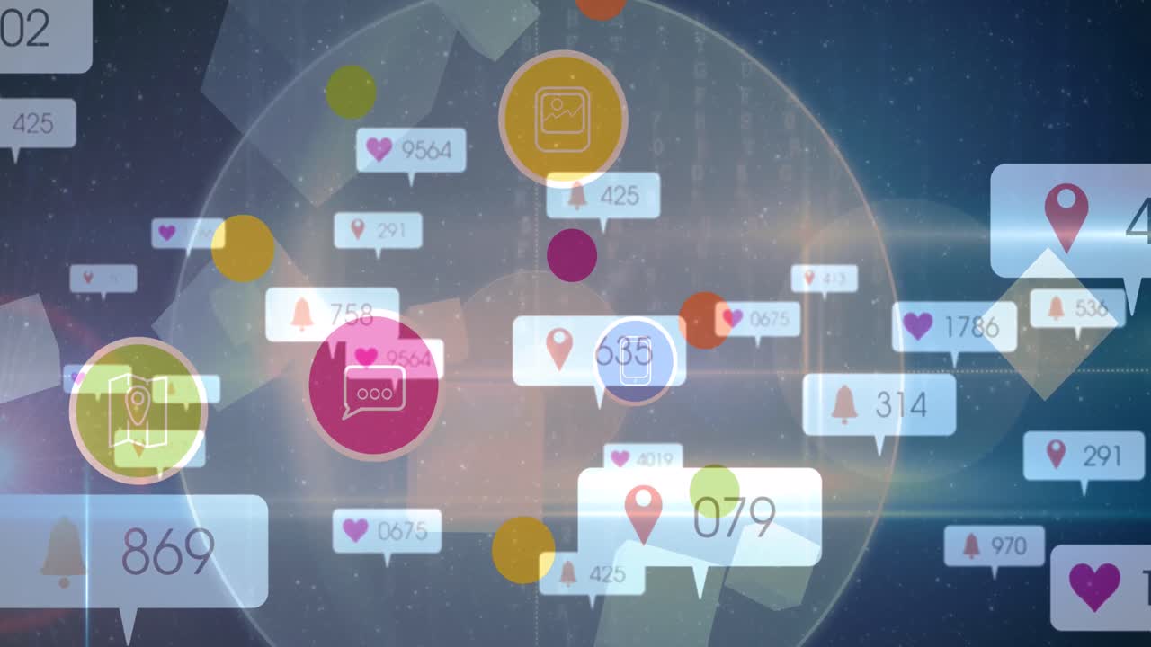 전 세계 소셜 미디어 반응과 기술 아이콘의 애니메이션