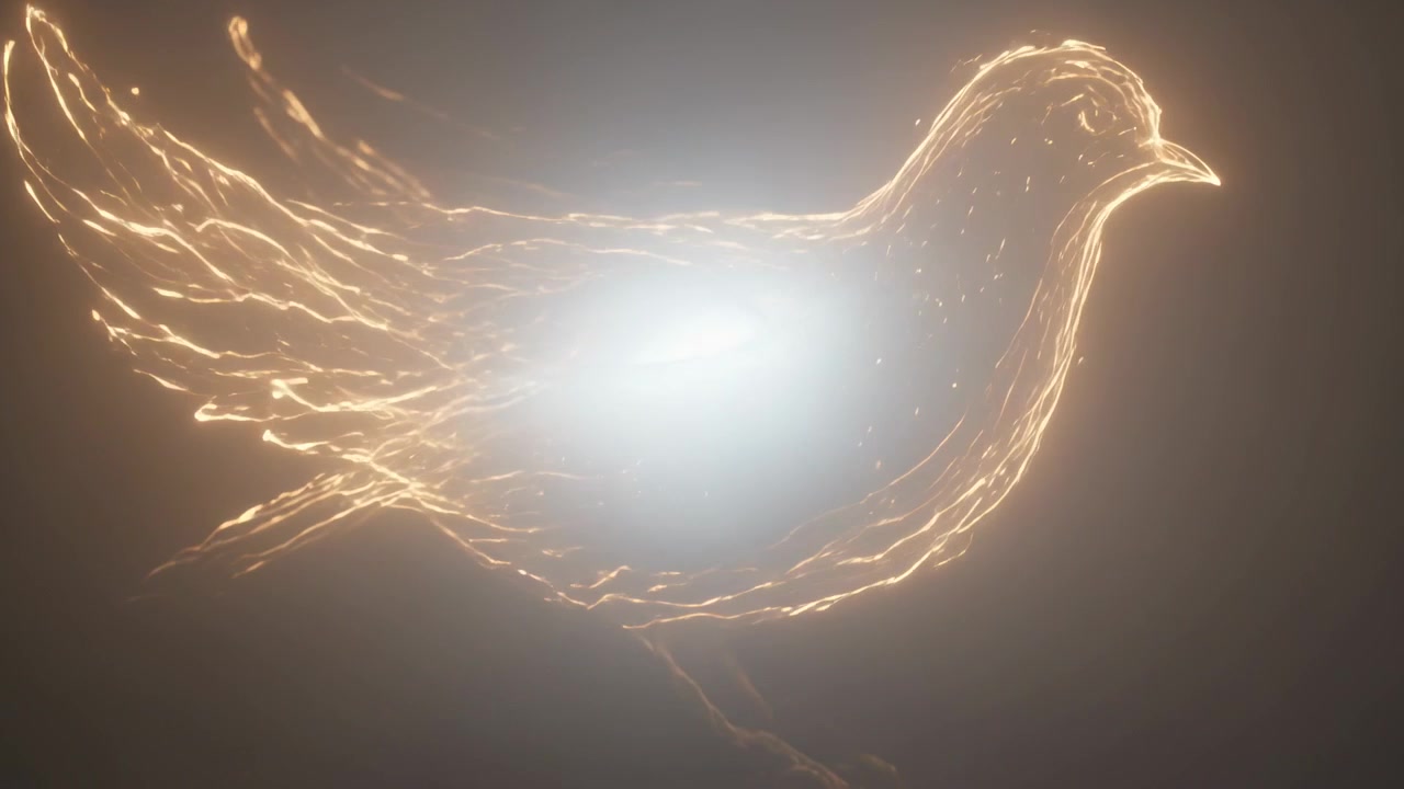 Núcleo blanco que se enciende, creando filamentos dorados que revelan un pájaro estilizado en un vacío oscuro, con chispas.