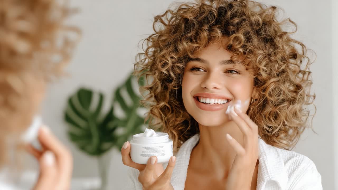 A Joyful Skincare Routine: Emphasizing Self-Care and Radiance with a Smiling Young Woman Applying Cream in Front of a Mirror Surrounded by Lush Greenery