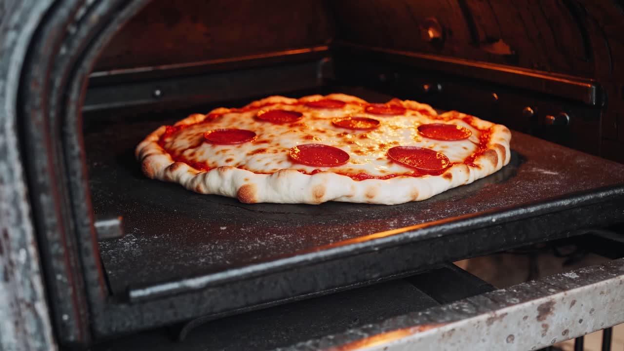 Freshly baked pepperoni pizza in a traditional oven, showcasing bubbling cheese and golden crust, highlighting the cooking process and delicious aroma wafting through the air