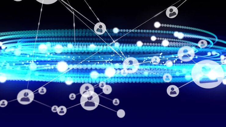 Animation of network of connections of user icons on black background with blue lights