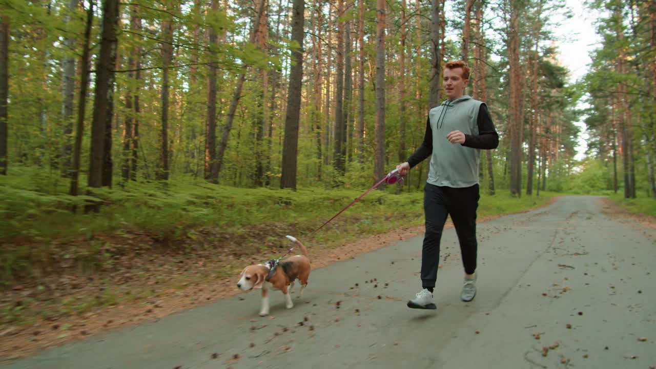 Mies juoksee beagle-koiran kanssa metsässä.