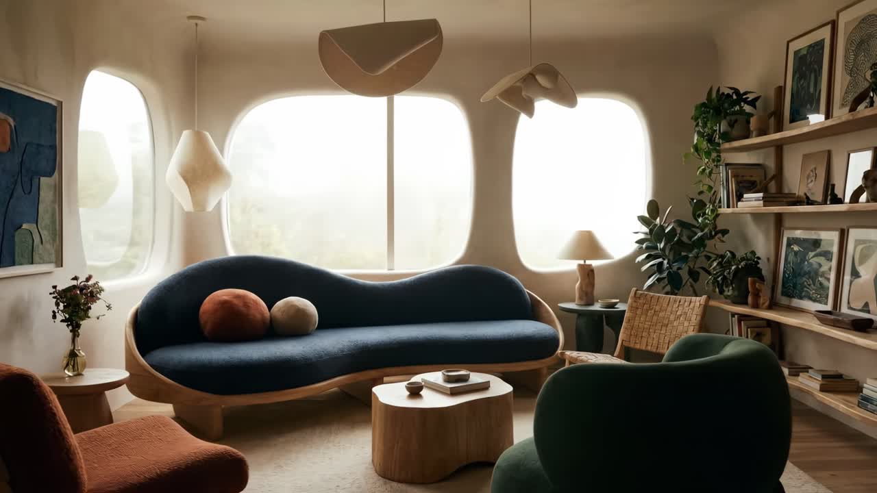 Modern Organic Living Room Interior with Stylish Furniture and Large Windows