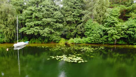 Forest-By-The-Crystal-Green-Water-Lake-With-A-Boat-Floating-On-Its-Side-In-Pradzonka,-Northern-Poland