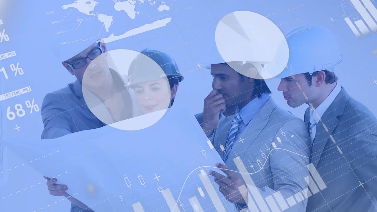 Animation of data processing and diagrams over diverse colleagues discussing project in office