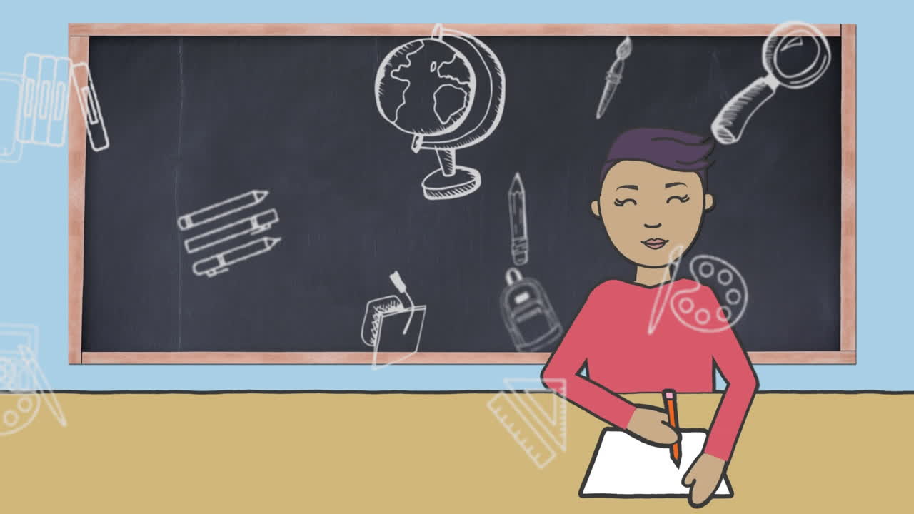 Animation of school icons over blackboard and schoolboy writing on blue background