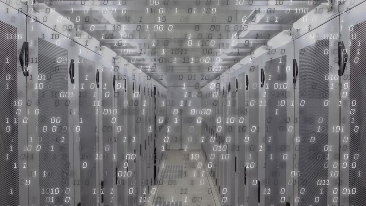 Animation of digital data processing over server room