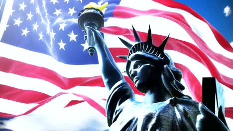 flag of usa waving on rising sun with statue of liberty. looped