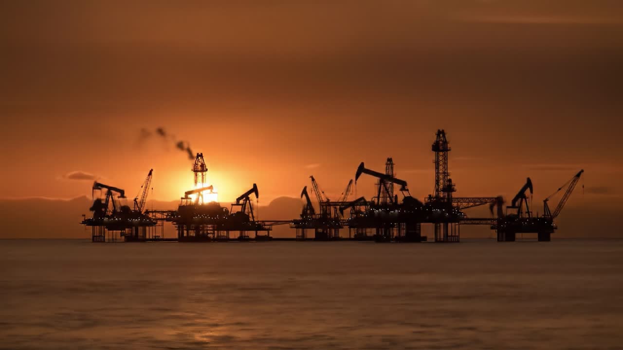 Silhouetted Oil Rigs at Sunset: A Captivating View of Industrial Machinery against a Stunning Orange Horizon
