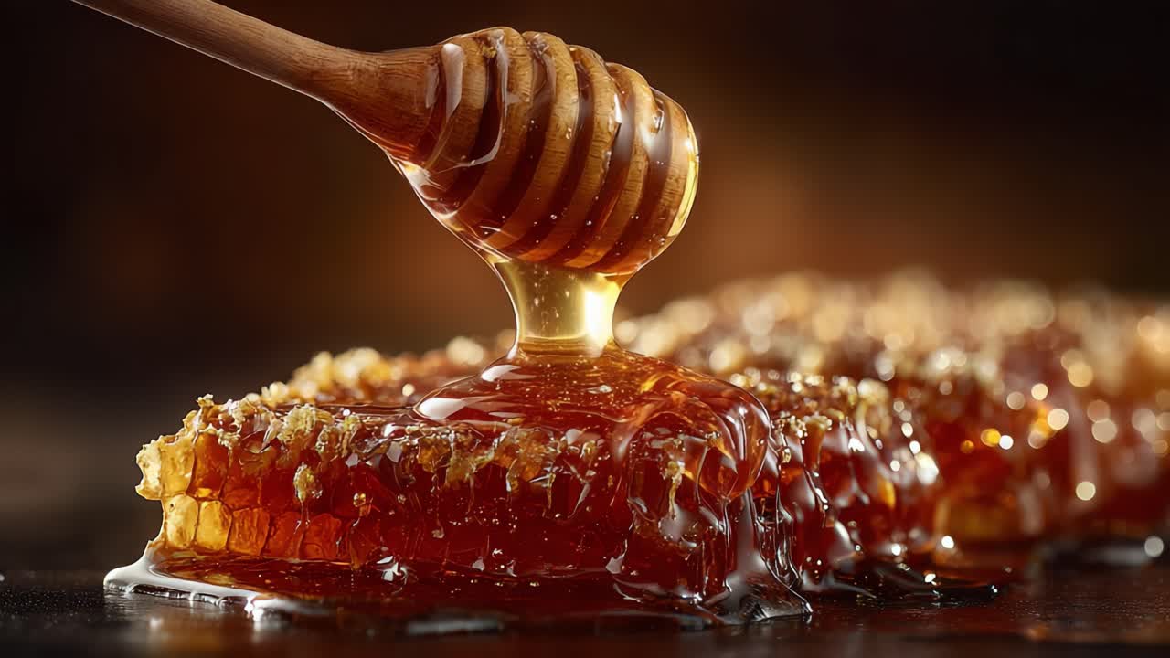 Miele dorato che cola da un mestolo di legno, mostrando la dolcezza naturale in primi piani visivamente accattivanti di puro favo d'api
