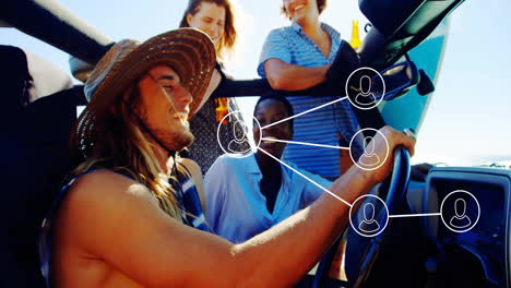 friends driving convertible car sharing marketing technology concept through animated network icons