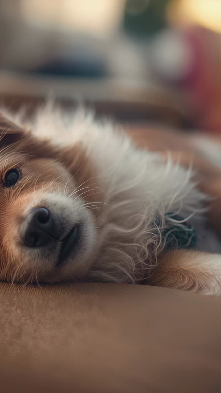 Vertical video: Lying fluffy dog tilting head and opening eyes on sofa cushion, showing collar tag