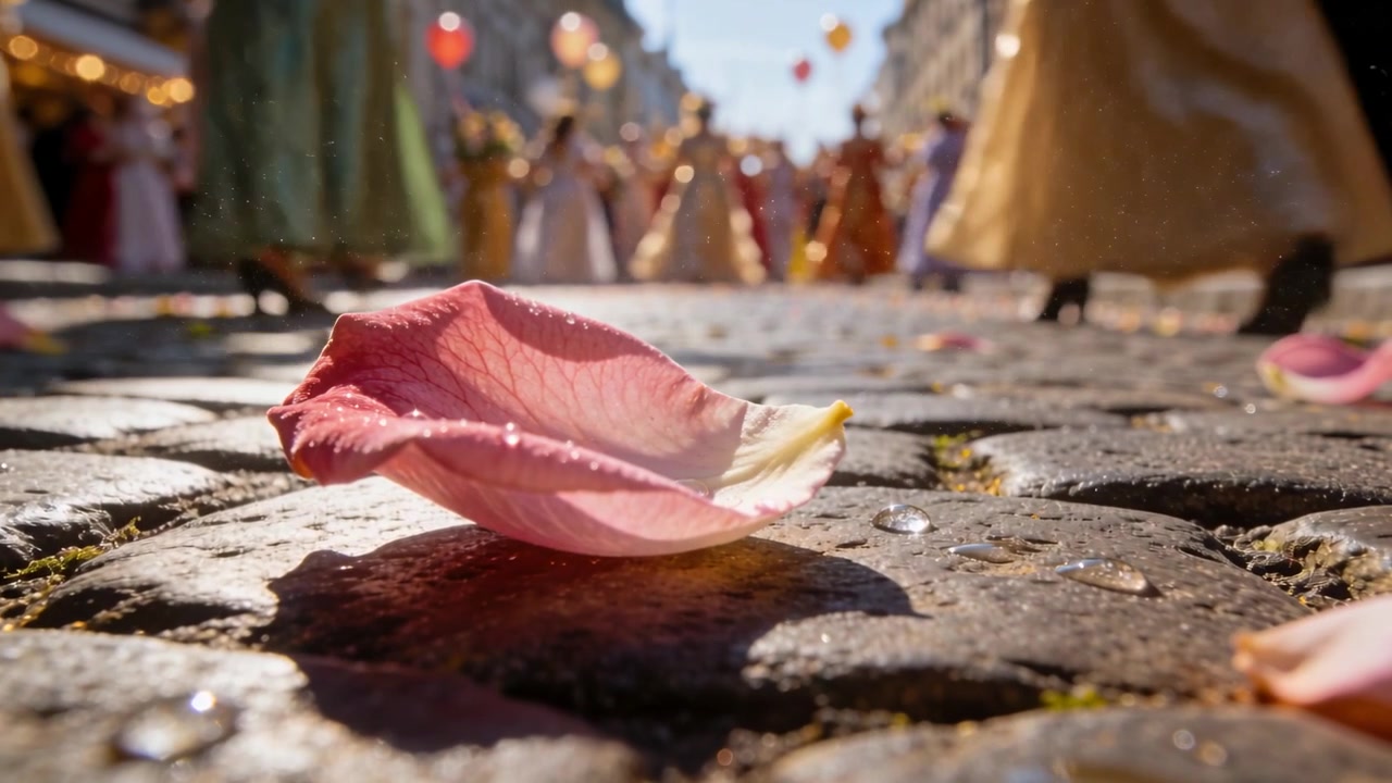 Pétalo rosa moviéndose sobre adoquines mojados en la calle mientras pasa una procesión con túnicas y la brisa lo agita.