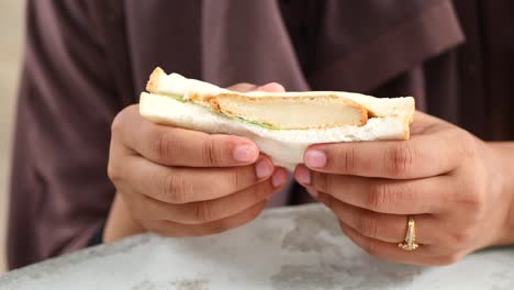 Frauen-Essen-Ein-Hühnerei-Sandwich