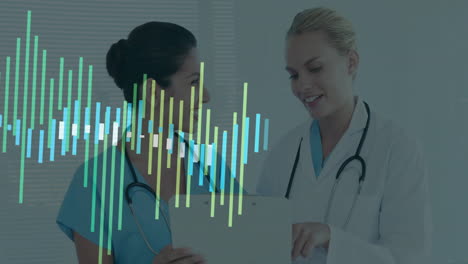 doctors discussing patient chart, medical data analysis animation over them