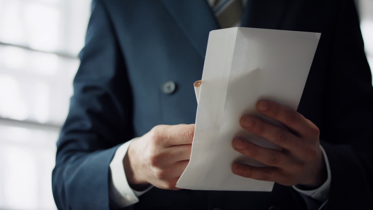 손으로 유로 봉투를 실내에 넣는: 비즈니스 결제 부 개념