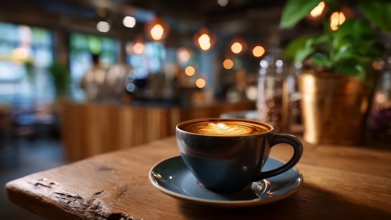 Ein gemütliches Kaffee-Erlebnis: Die Wärme und Kunstfertigkeit eines perfekt zubereiteten Lattes in einem charmanten Café mit einladendem Ambiente einfangen