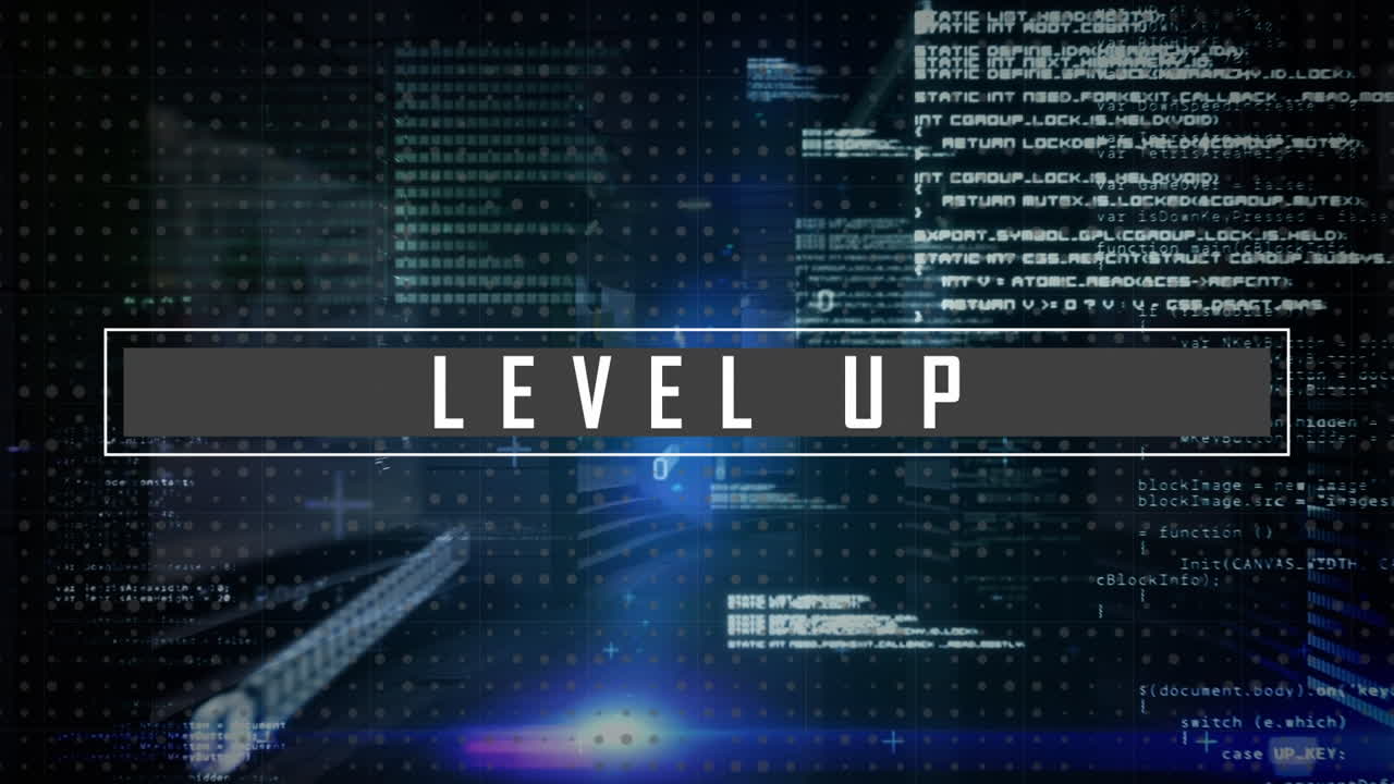 video digital único de texto de nivel con codificación por computadora en el fondo