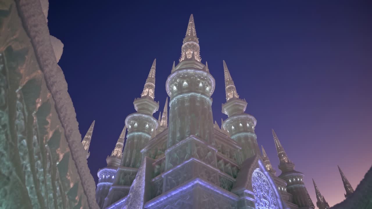 Majestic ice castle at dusk, captured from a low angle