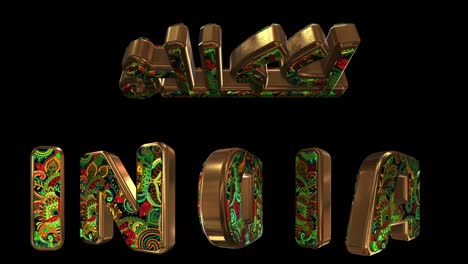 - inscripción india 3d. letras animadas doradas con ornamento nacional en vivo. nombre del país en nativo e inglés. bucle. canal alfa.