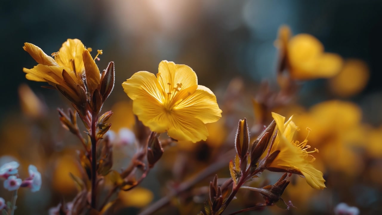 Una vibrante esposizione di fiori gialli illuminati da luce soffusa, che cattura la bellezza della natura in fiore con petali delicati e una lussureggiante vegetazione circostante