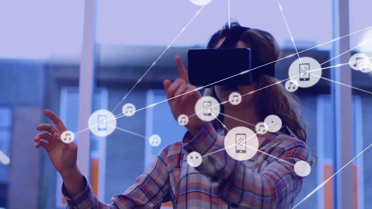 Animation of network of connections with icons over caucasian businesswoman using vr headset