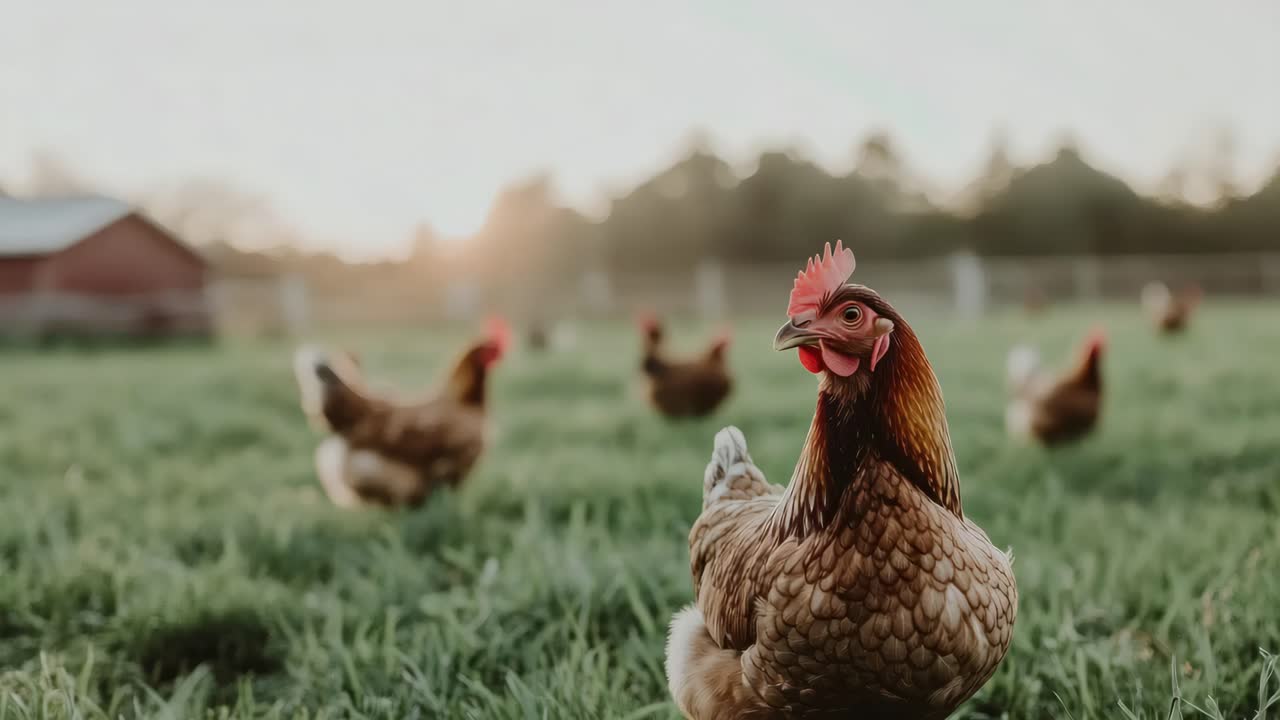 Low-angle shot of chickens in a grassy field at sunset, capturing a serene farm scene