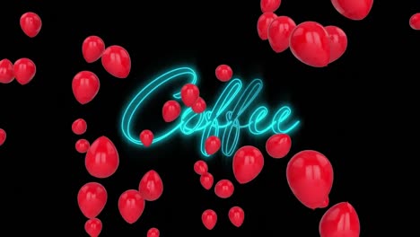 Animation-Von-Textkaffee,-In-Blauen-Neonbuchstaben-Mit-Roten-Luftballons-Auf-Schwarzem-Hintergrund