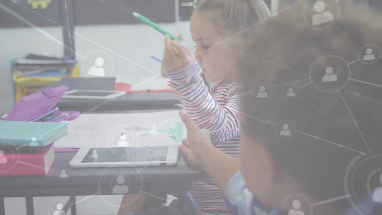 animación de la red de conexiones sobre escolares felices y diversos