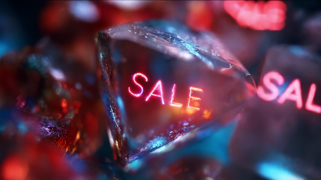 Vibrant Sale Promotional Graphic Featuring Glowing Crystal-like Objects with the Word 'SALE' Illuminated in Bold Neon Colors, Ideal for Marketing and Advertising Campaigns