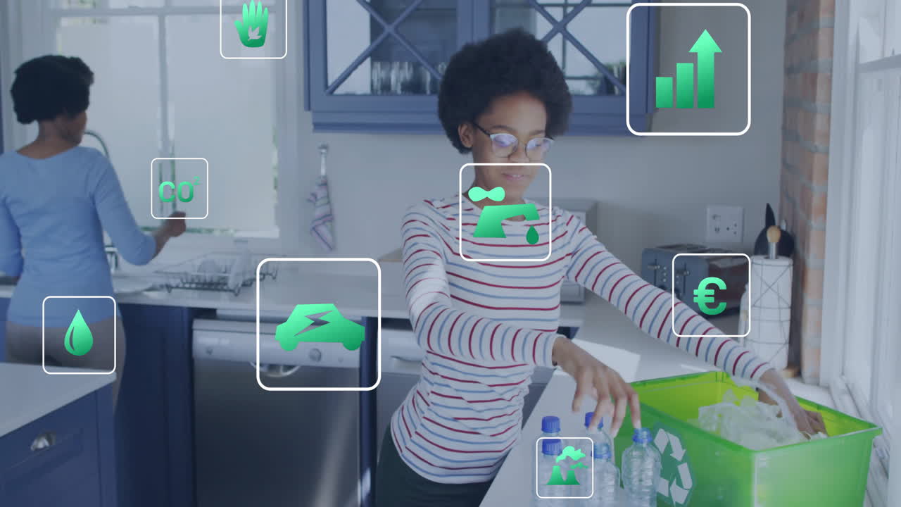 animación de iconos ecológicos y procesamiento de datos sobre la mujer afroamericana reciclando en casa