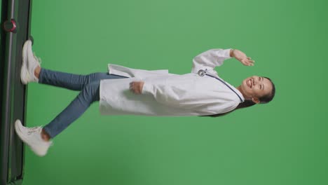 병원에서 녹색 화면 배경에서 는 동안 스테토스코프를 들고 손을 흔들고 미소 짓는 아시아 여성 의사