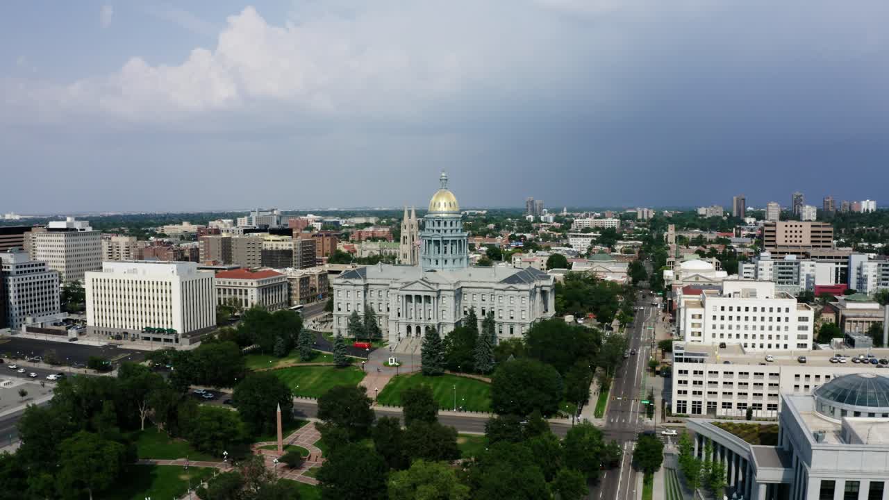 Establishing aerial of Denver, Colorado's State Capitol building on a cloudy day