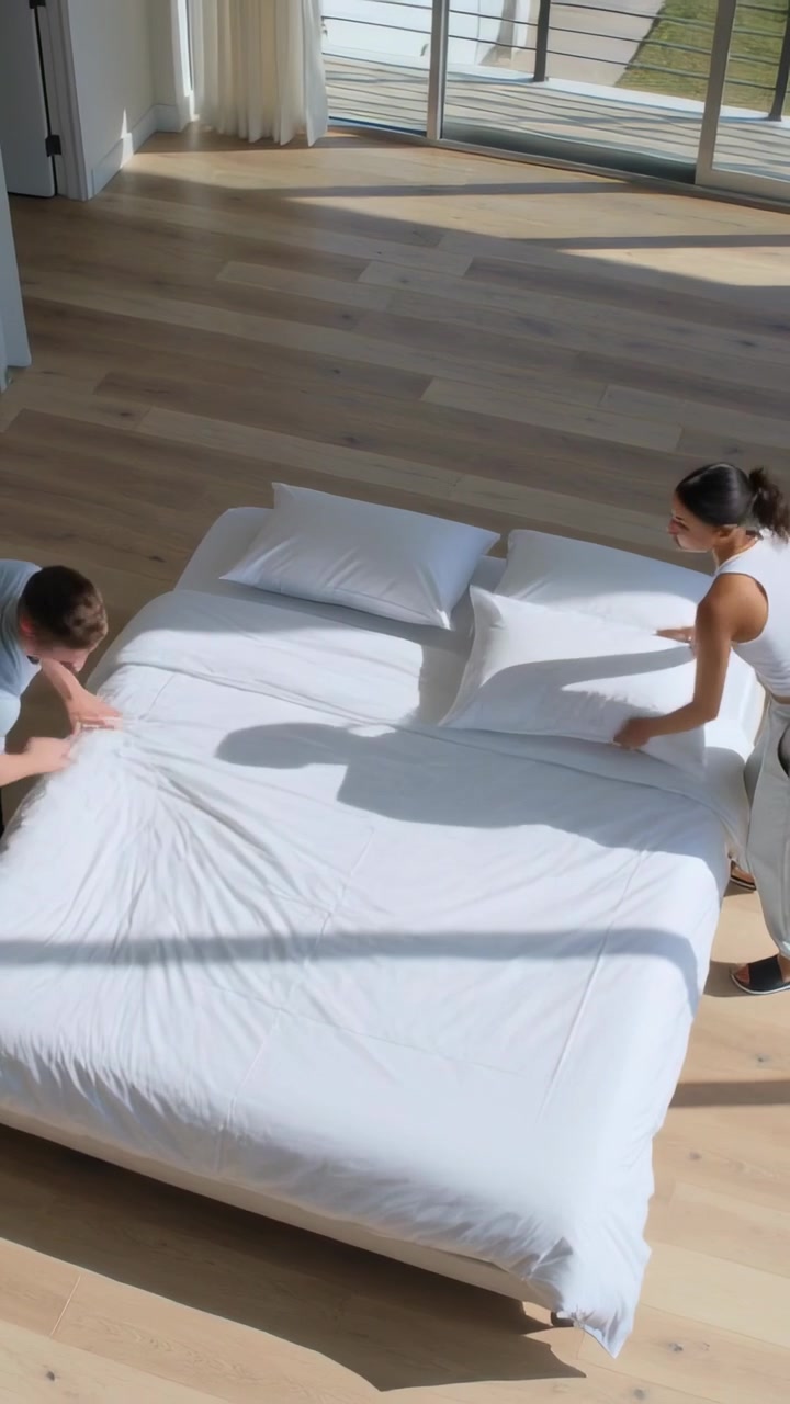 Vertical video: Pulling couple smoothing sheet in bedroom, finishing bed while sunlight shifting
