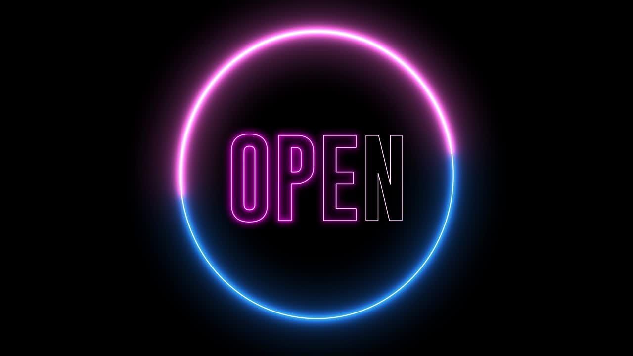 testo di "aperto" con animazione a anello di luce al neon. oggetto creativo astratto.