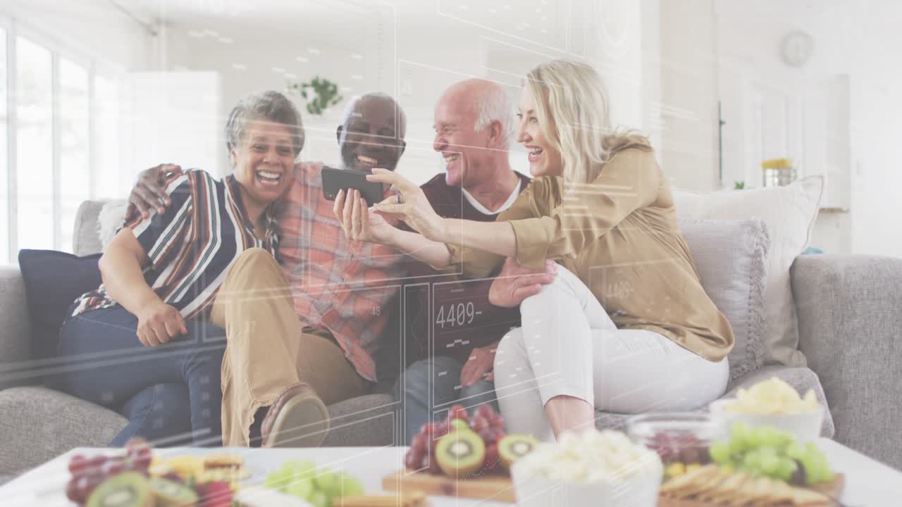 Blonde woman raising phone starting group selfie showing animated share icon for social media app