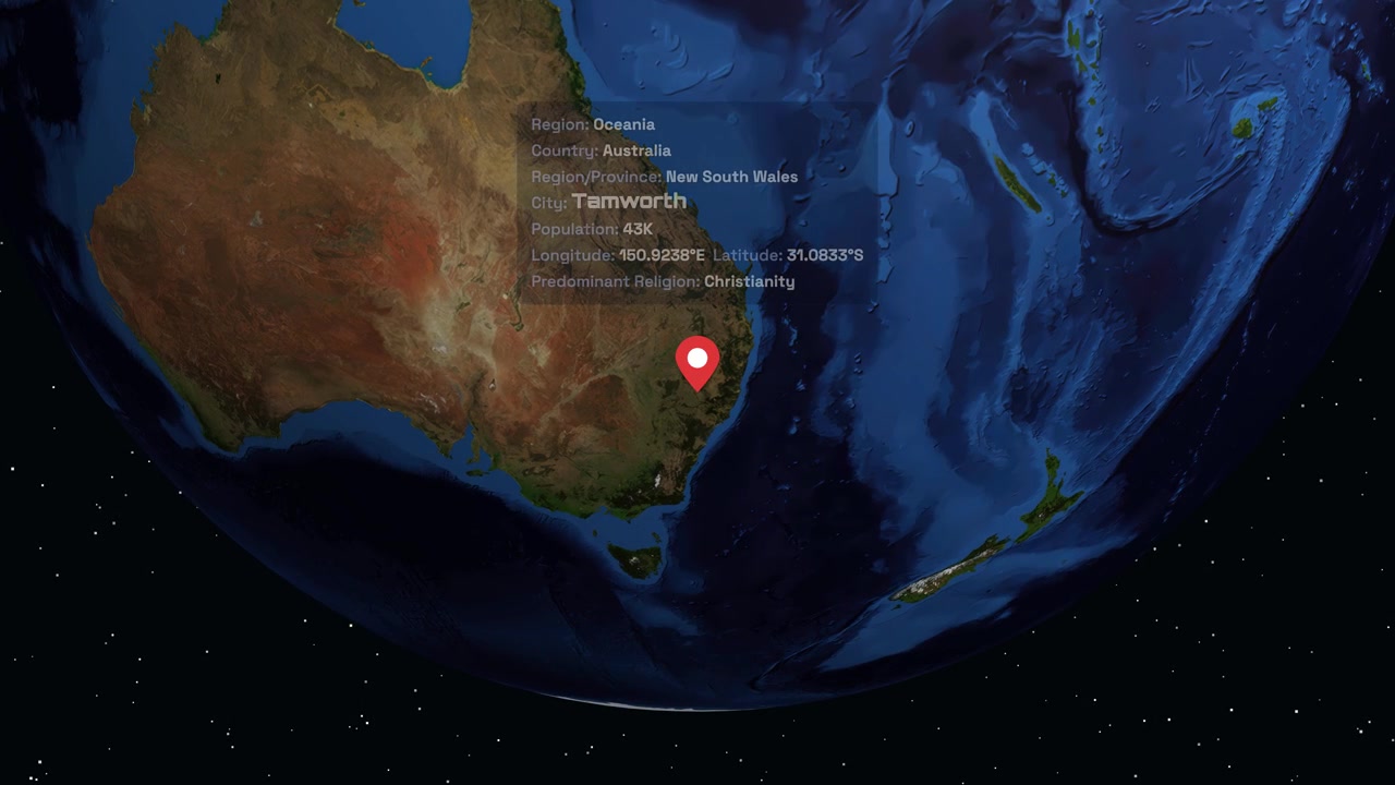 Earth Globe Rotating and Zooming to Tamworth, Australia