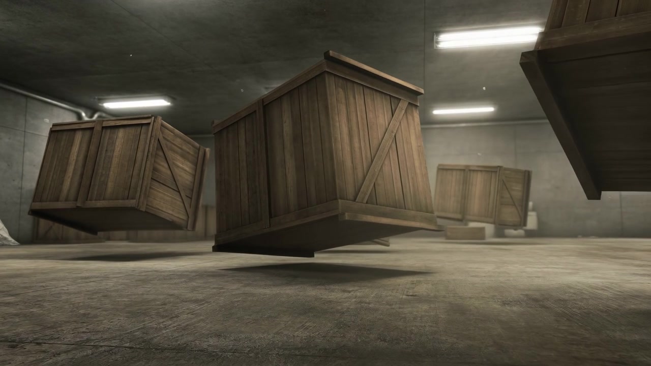 Multiple wooden shipping crates hover slightly above textured concrete flooring inside sparse industrial storage room, with cool fluorescent light, metal supports, muted tones, and strong low angle