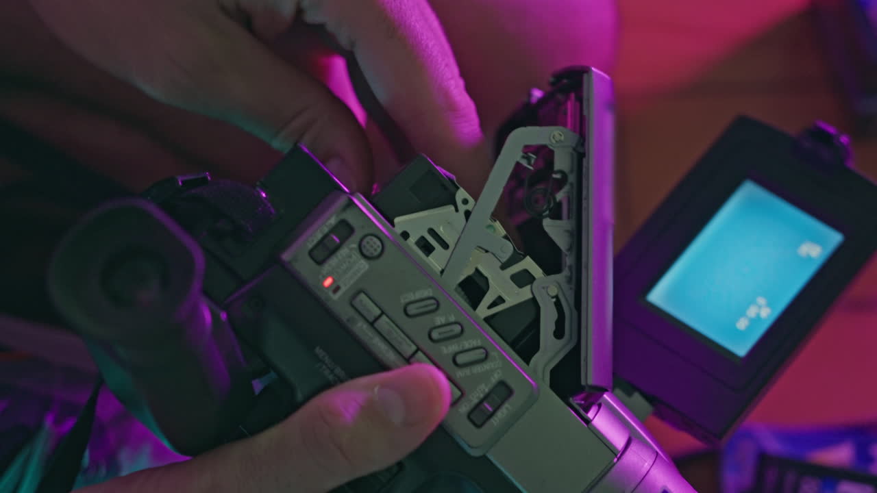 Person Inserting MiniDV Cassette Tape into Vintage Camcorder with Neon Lights