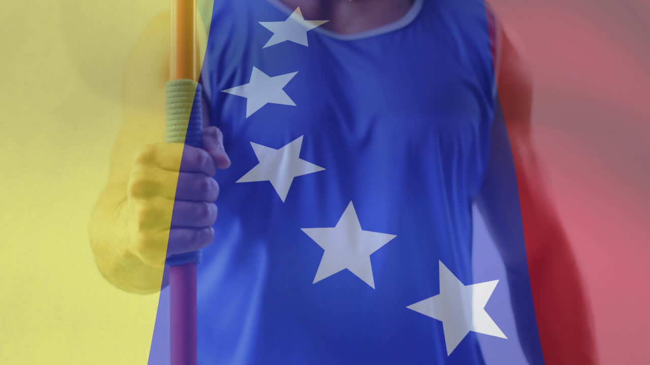 animación de la bandera de venezuela sobre atleta masculino biracial