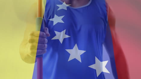 animation of flag of venezuela over biracial male athlete