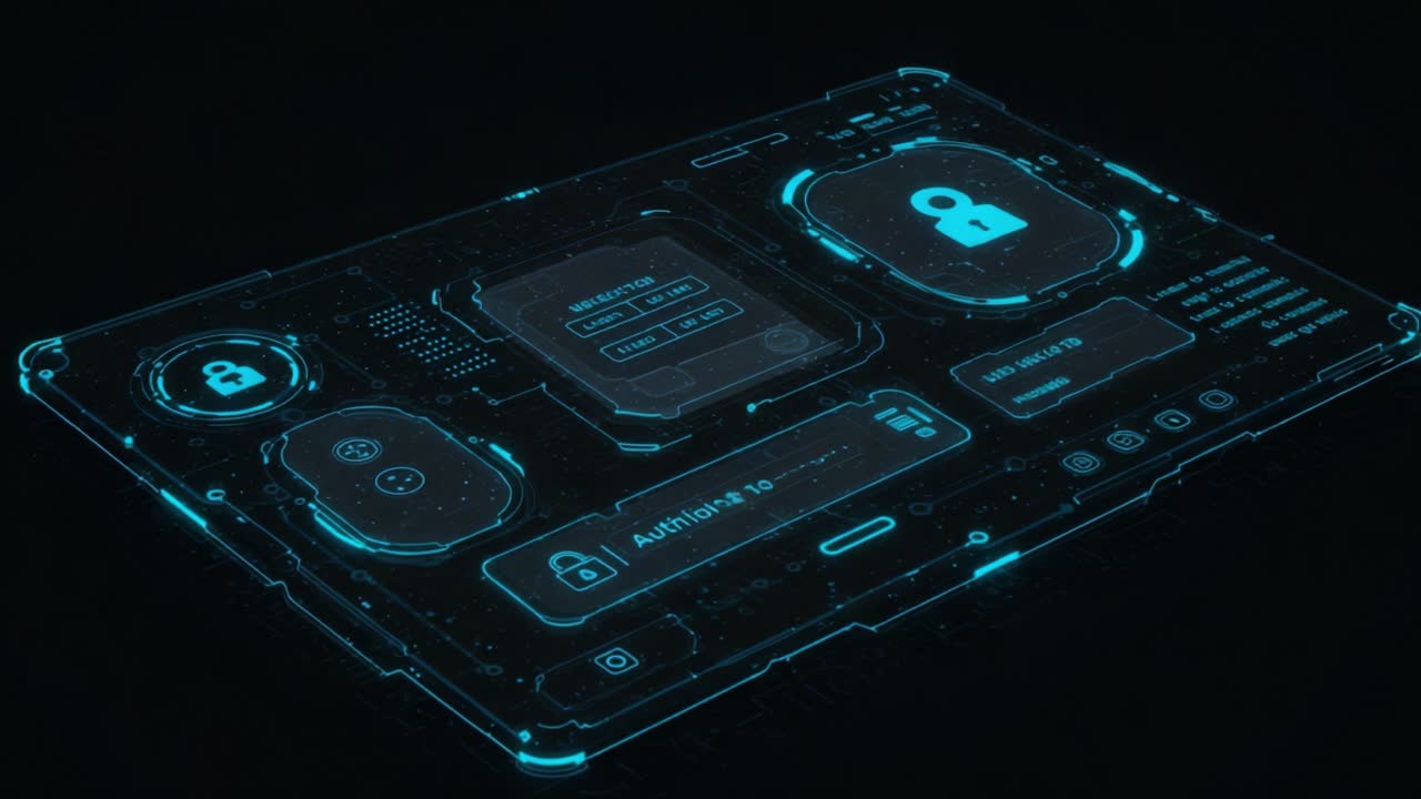 Futuristic Digital Interface Featuring Secure Authentication and Data Management Panels with High-Tech Visuals for Advanced User Experience