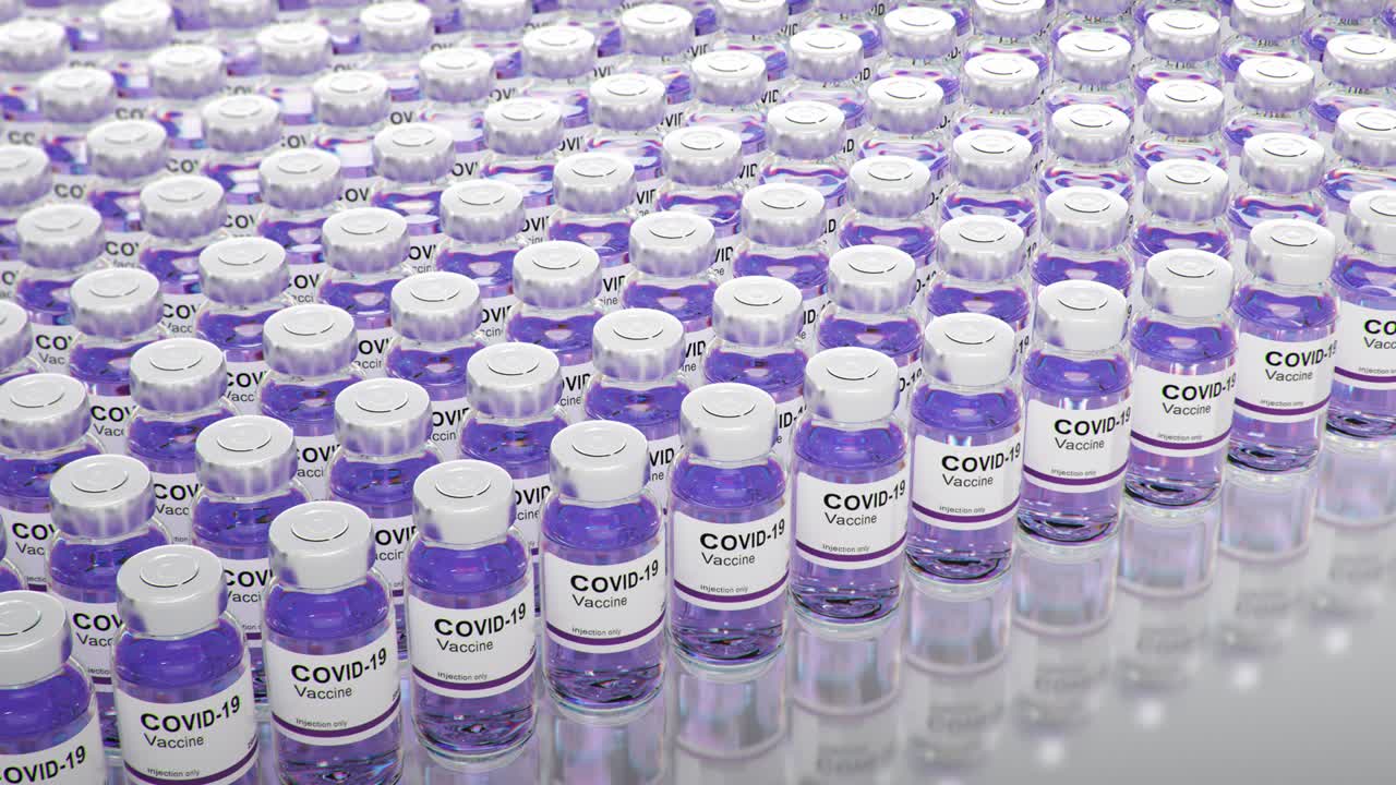 코로나19 백신 병, sars-cov-2 백신 치, 3d 렌더링 애니메이션