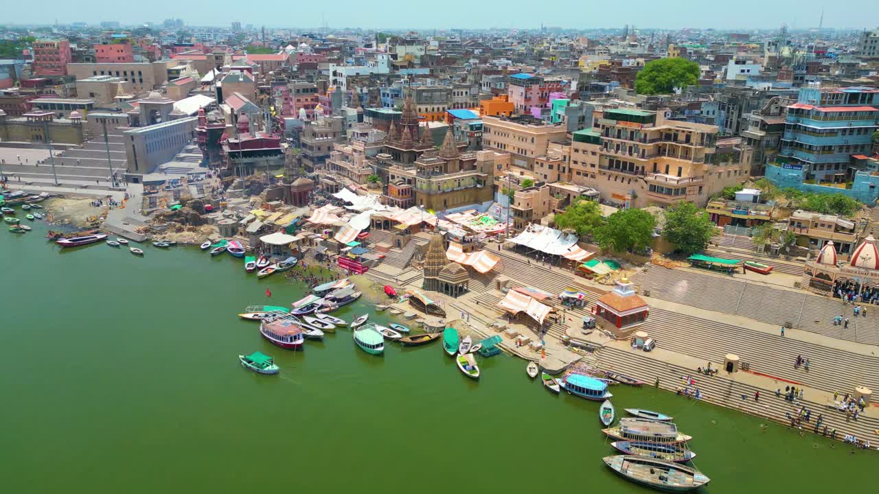 AERIAL view of Ganga river and Ghats in Varanasi India