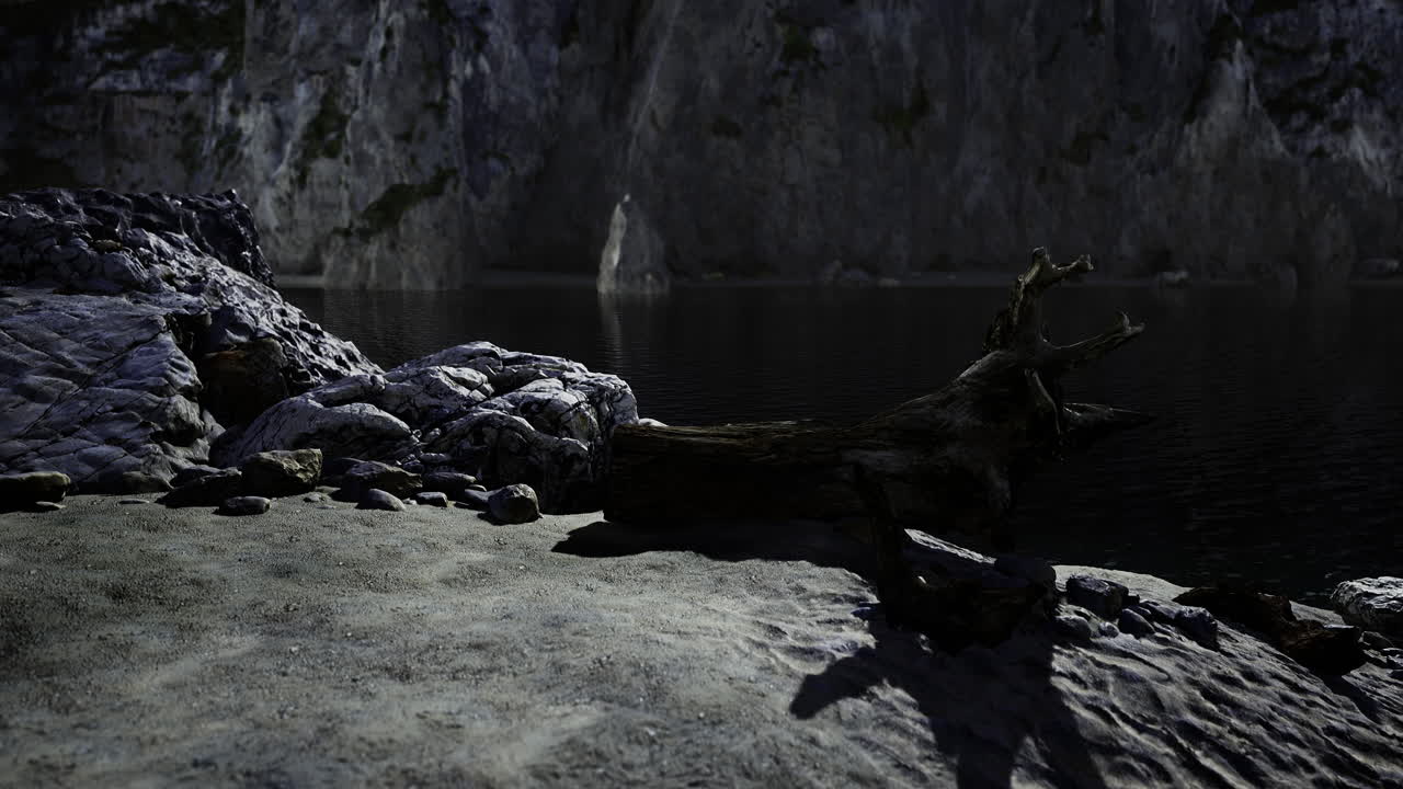 Rocky shoreline with weathered logs and still water reflecting cliffs